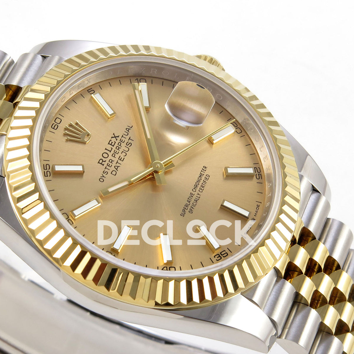 Rolex Datejust 41 126333 Champagne Jubilee QF JH3235 Free Sprung replica - opposite-angle close-up of the champagne baton dial, luminous gold hands and two-tone Jubilee bracelet