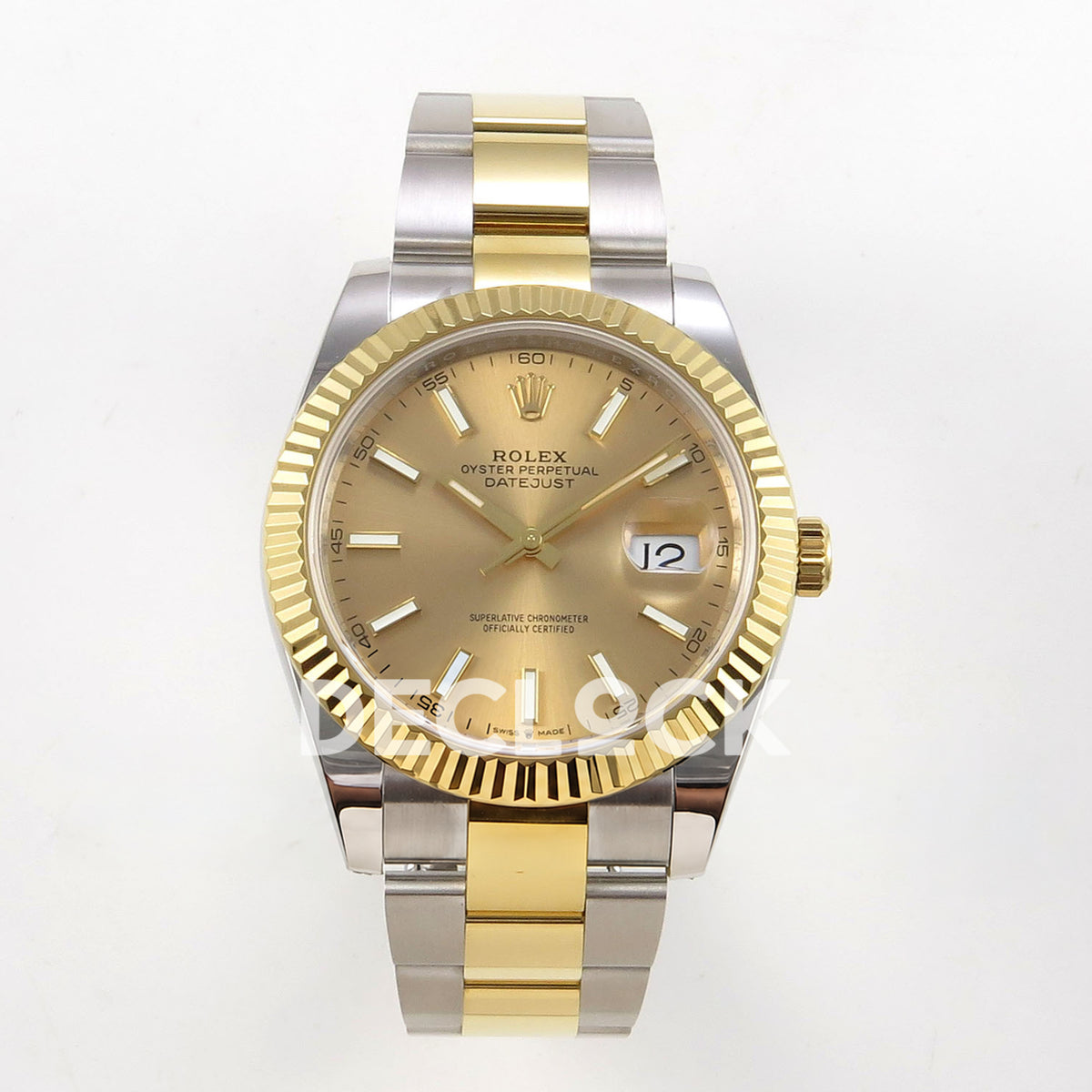 Rolex Datejust 41 126333 Champagne Oyster QF JH3235 Free Sprung replica - frontal view of the champagne-gold luminous stick dial and two-tone oyster bracelet