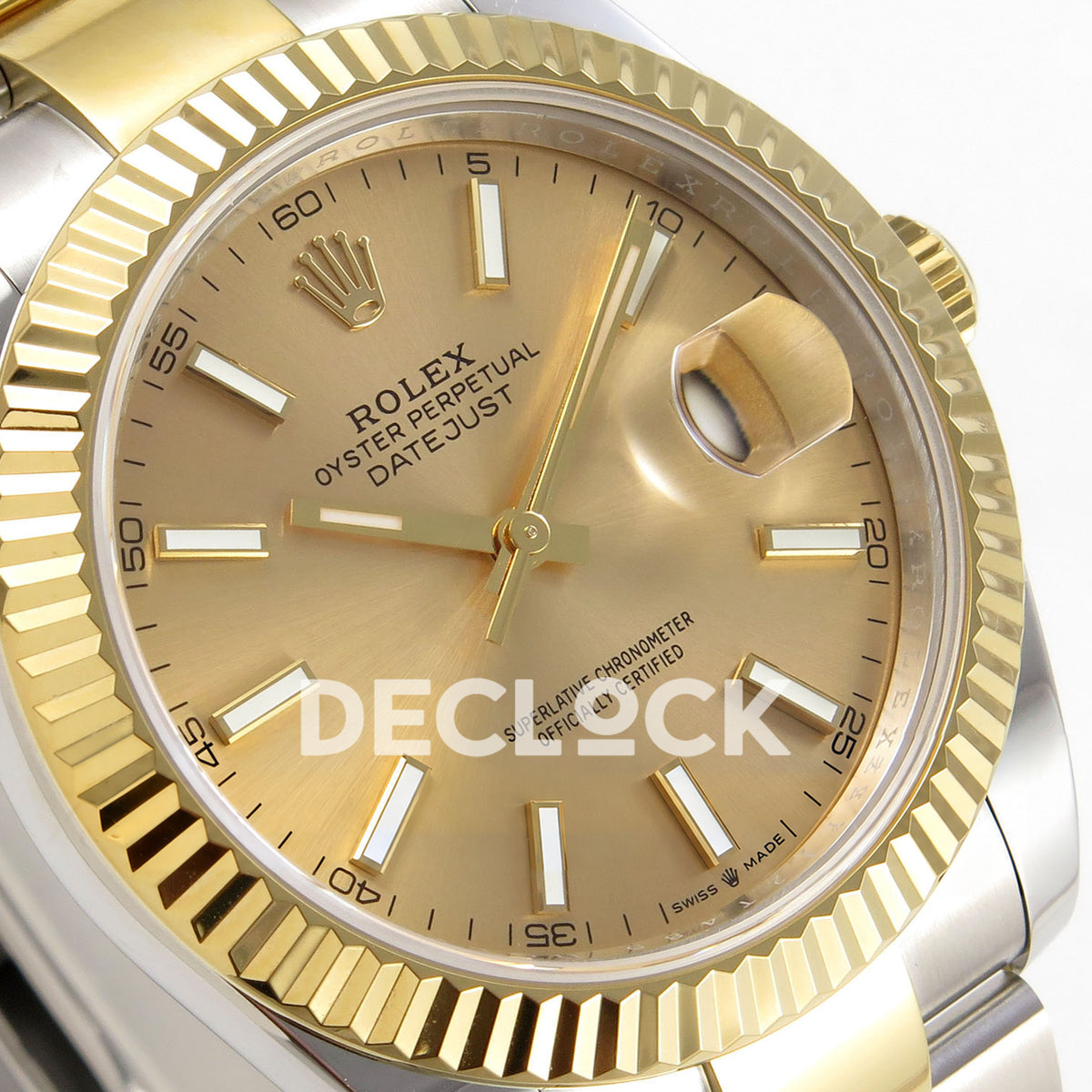 Rolex Datejust 41 126333 champagne luminous stick dial two-tone Oyster QF JH3235 replica - champagne sunburst stick dial closeup from left angle