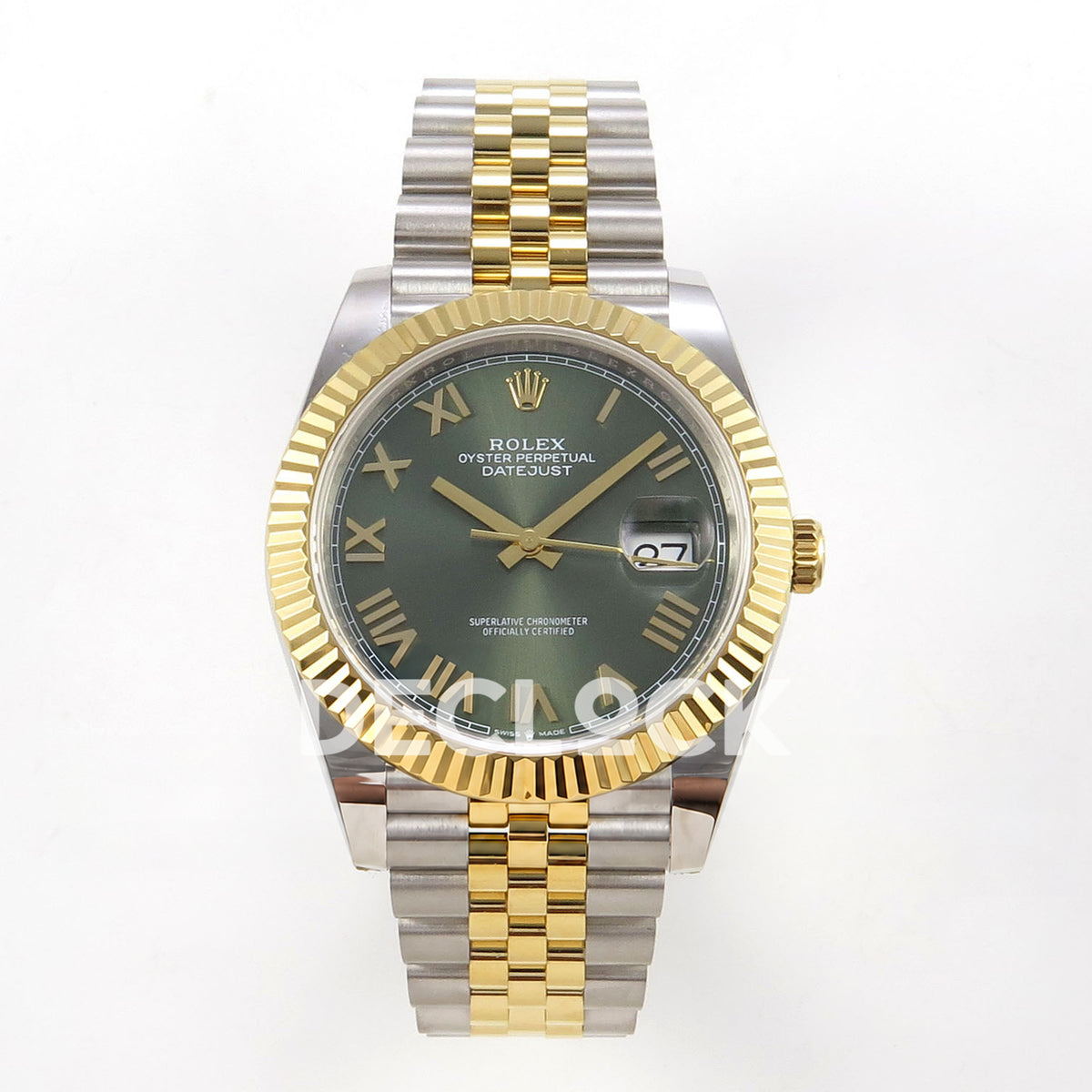 Rolex Datejust 41 126333 Green Roman Jubilee QF JH3235 Free Sprung replica - frontal view of the olive-green sunburst dial, applied gold roman markers and two-tone jubilee bracelet