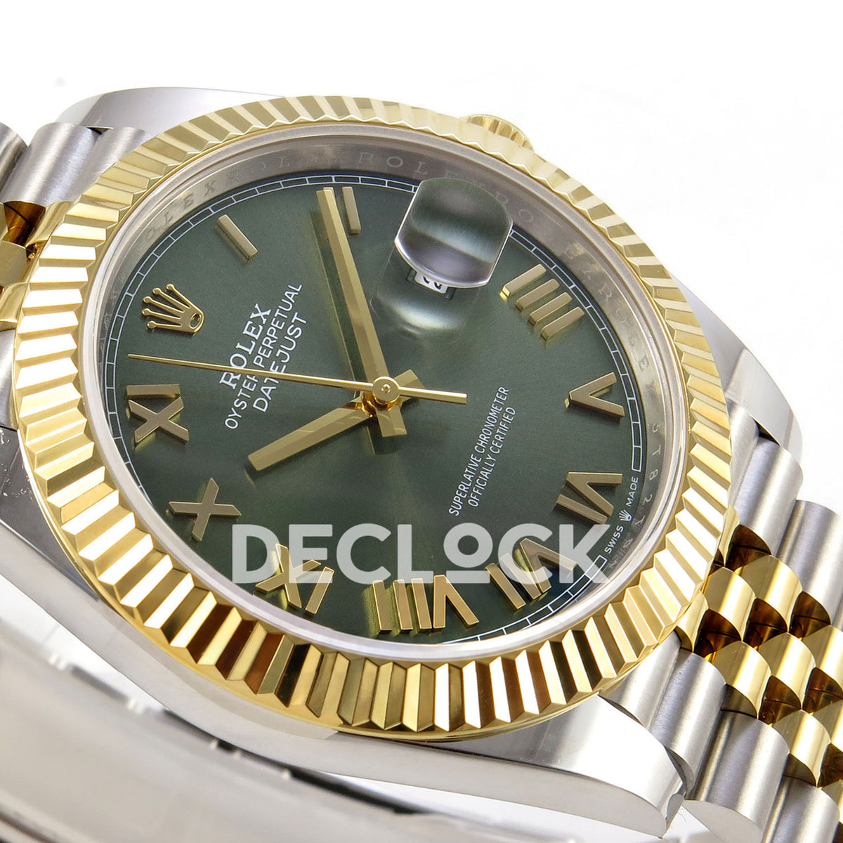 Rolex Datejust 41 126333 Green Roman Jubilee QF JH3235 Free Sprung replica - rotated macro view of the green roman dial, boxed minute rail and crown side