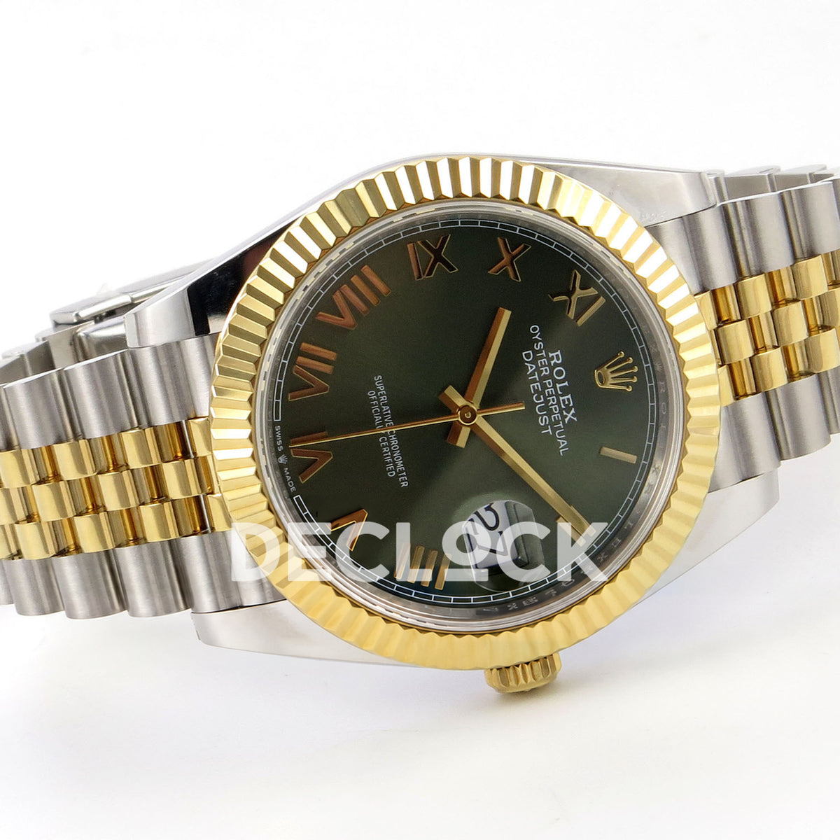 Rolex Datejust 41 126333 Green Roman Jubilee QF JH3235 Free Sprung replica - sideways full watch with the crown downward and two-tone jubilee bracelet