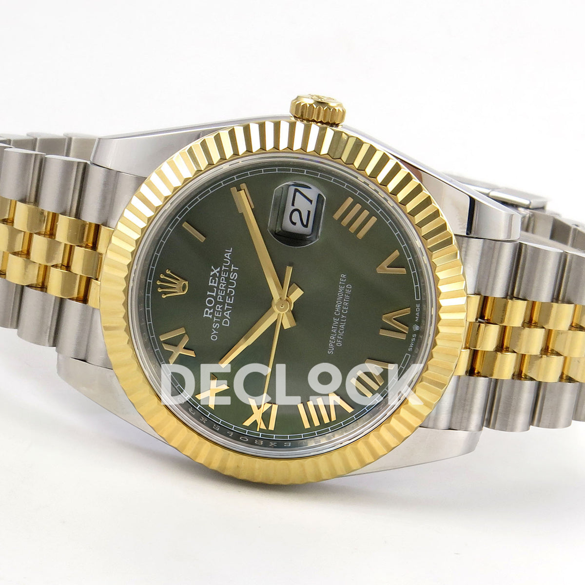 Rolex Datejust 41 126333 Green Roman Jubilee QF JH3235 Free Sprung replica - sideways full watch with the crown upward and two-tone jubilee bracelet
