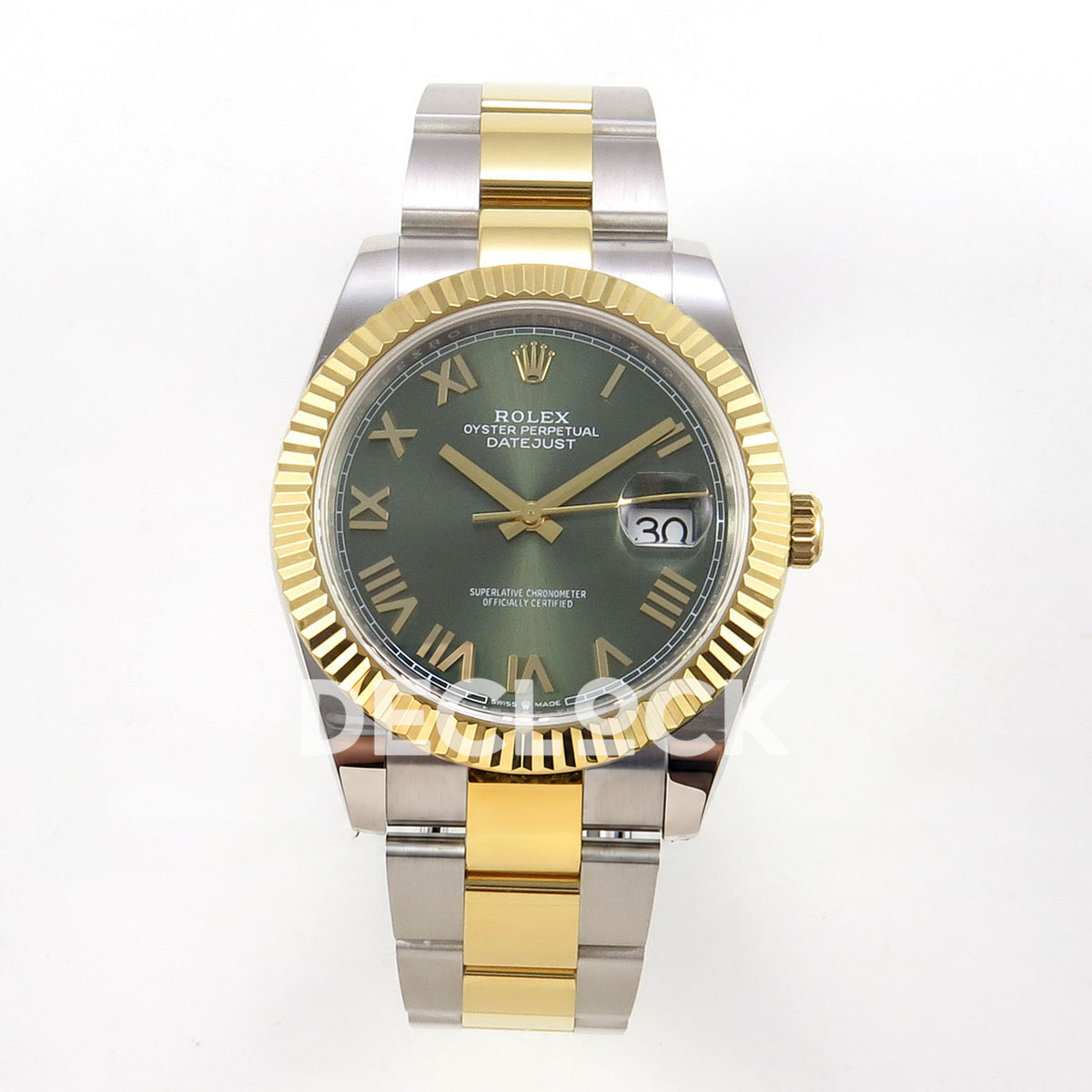 Rolex Datejust 41 126333 Green Roman Oyster QF JH3235 Free Sprung replica - frontal view of the olive-green roman dial and two-tone oyster bracelet