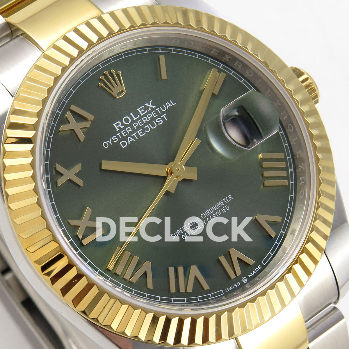 Rolex Datejust 41 126333 green Roman dial two-tone Oyster QF JH3235 replica - green Roman dial closeup from left angle
