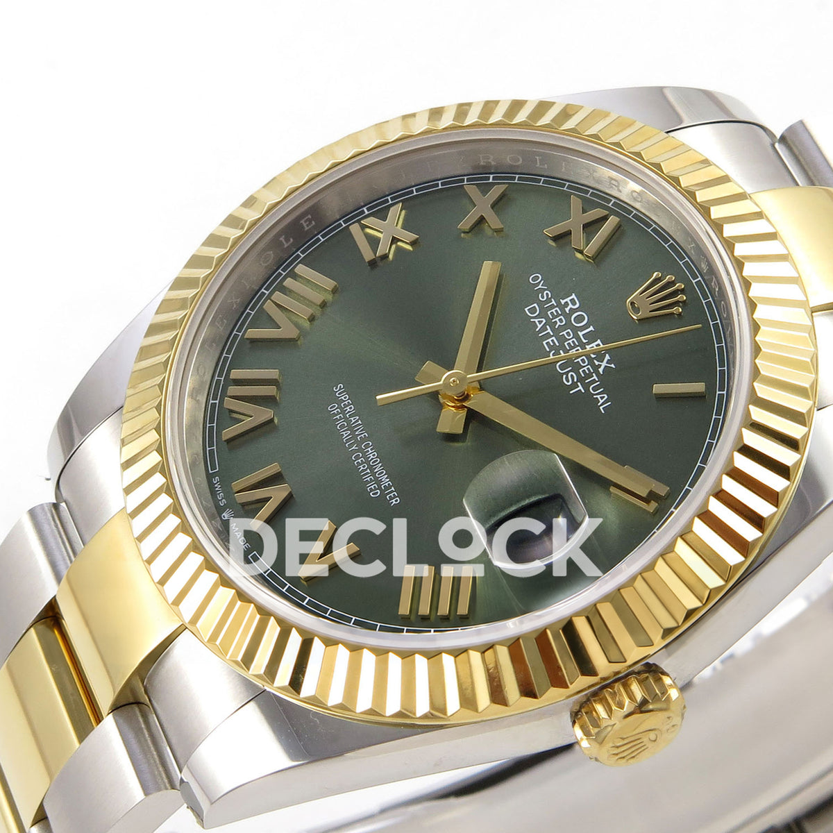 Rolex Datejust 41 126333 green Roman dial two-tone Oyster QF JH3235 replica - green Roman dial and crown from right angle