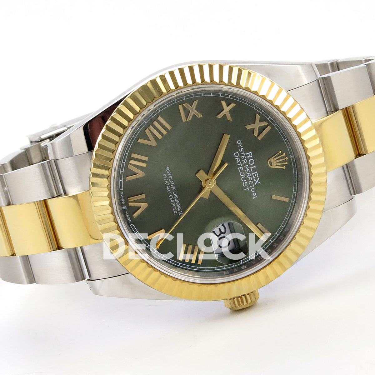 Rolex Datejust 41 126333 QF green Roman dial and two-tone Oyster bracelet, crown-side angled view