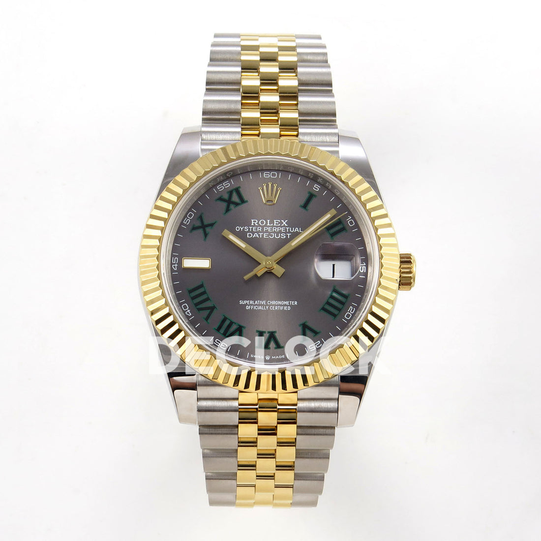 Rolex Datejust 41 'Wimbledon' 126333 Grey Green Roman Jubilee QF JH3235 Free Sprung replica - frontal view of the slate grey and green roman wimbledon dial with two-tone jubilee bracelet 126333