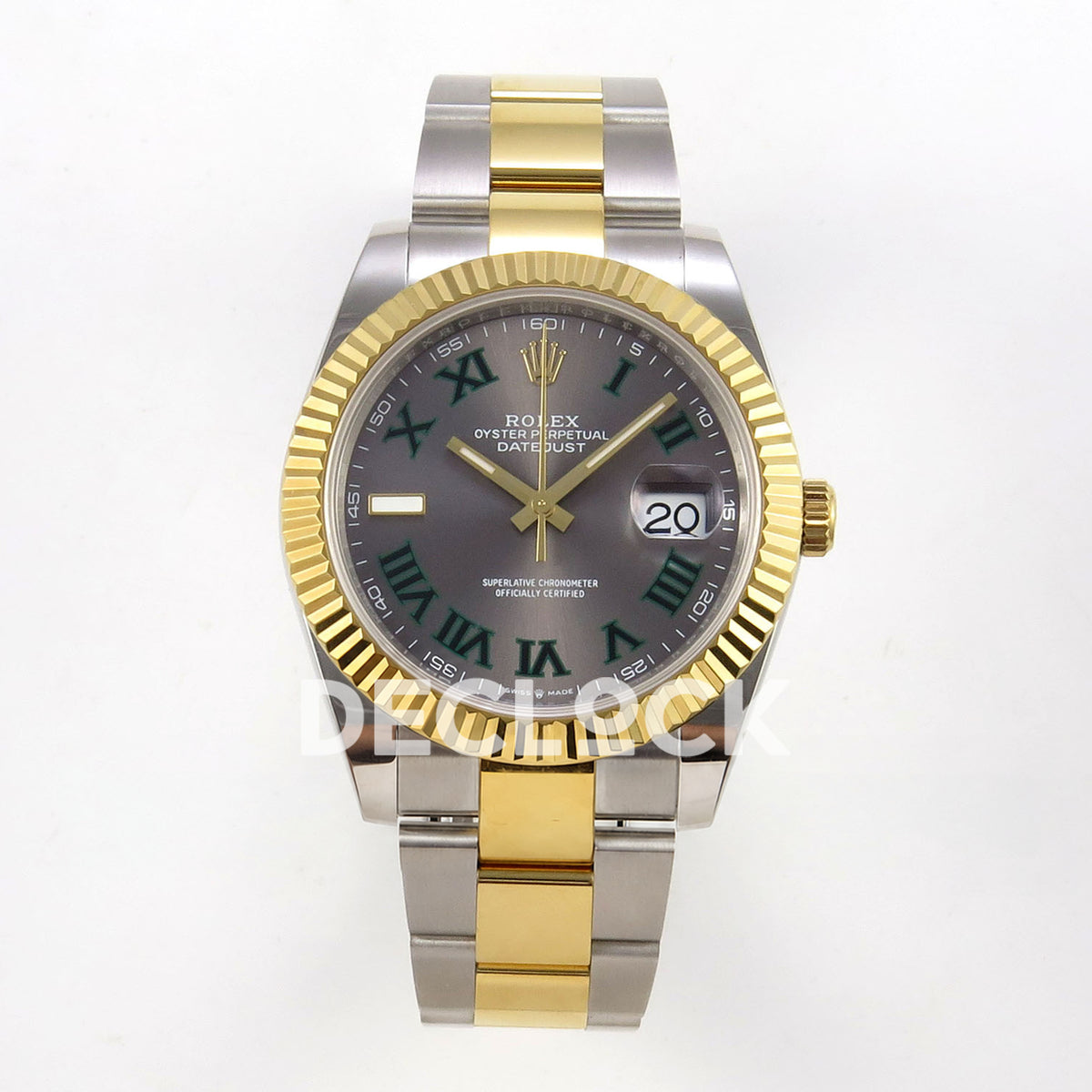 Rolex Datejust 41 126333 Grey Green Roman Oyster QF JH3235 Free Sprung replica - frontal view of the slate-grey dial with green roman markers, white luminous nine marker and two-tone oyster bracelet