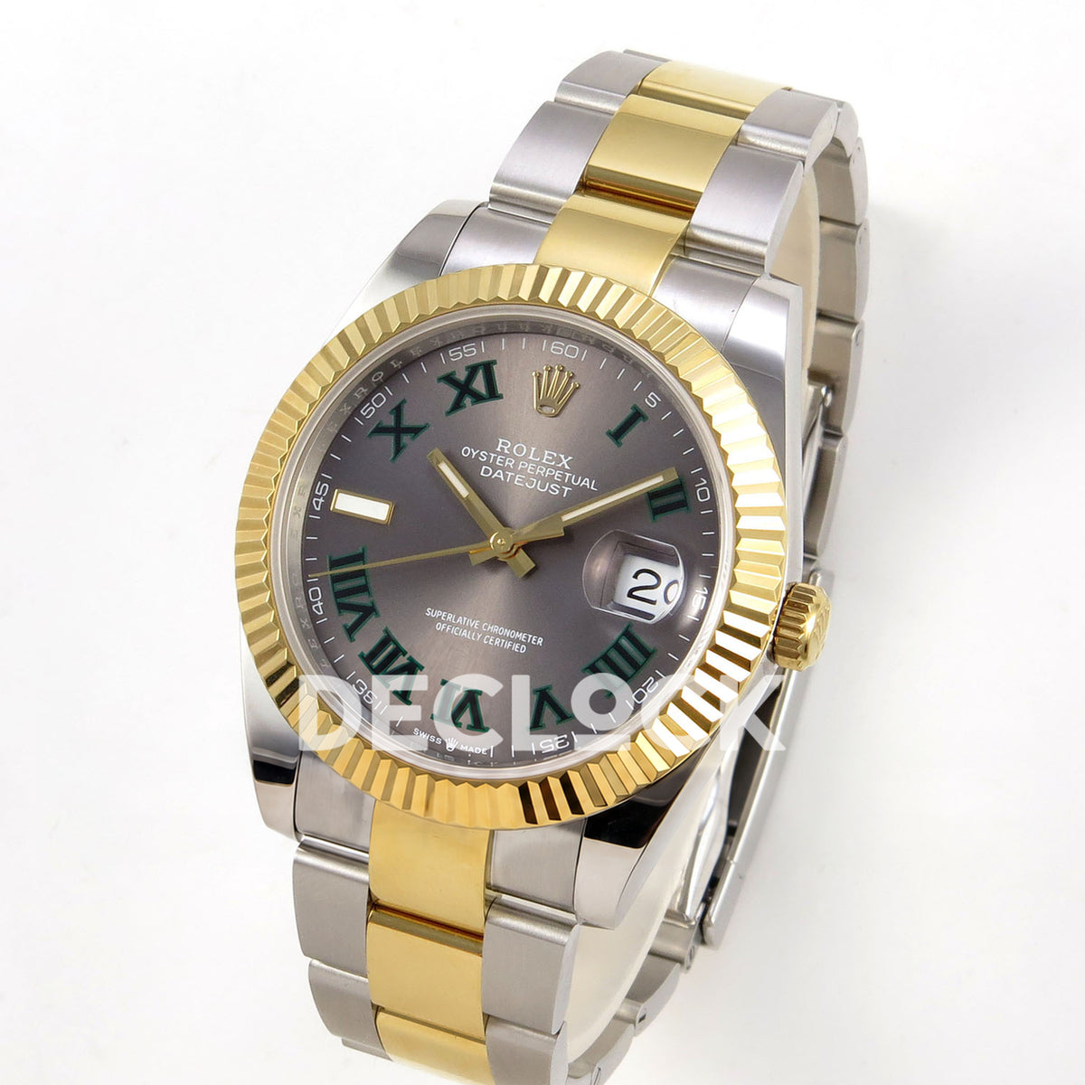 Rolex Datejust 41 126333 Grey Green Roman Oyster QF JH3235 Free Sprung replica - standing three-quarter view of the slate grey green Roman dial and two-tone Oyster bracelet