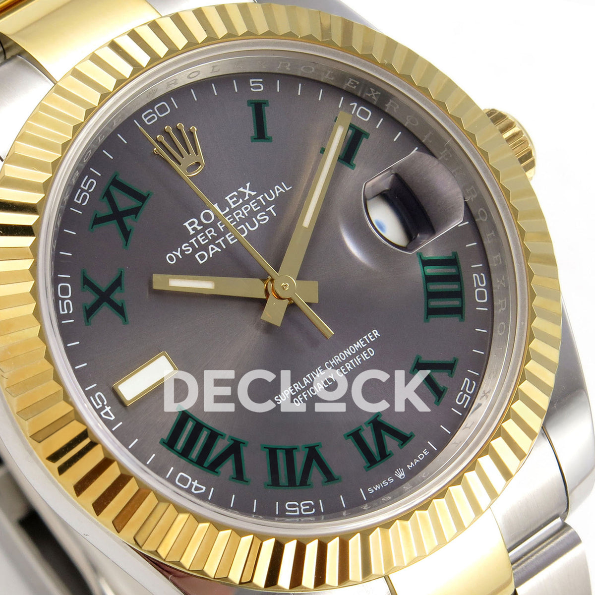 Rolex Datejust 41 126333 Grey Green Roman Oyster QF JH3235 Free Sprung replica - left-angle macro of the slate grey green Roman dial and yellow fluted bezel