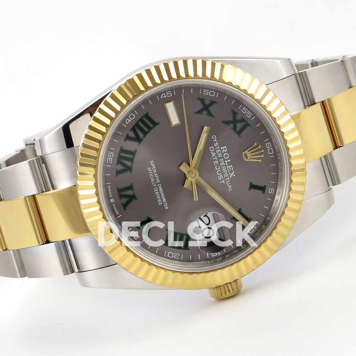 Rolex Datejust 41 126333 QF slate grey green-roman dial and two-tone oyster bracelet, crown-side angled view