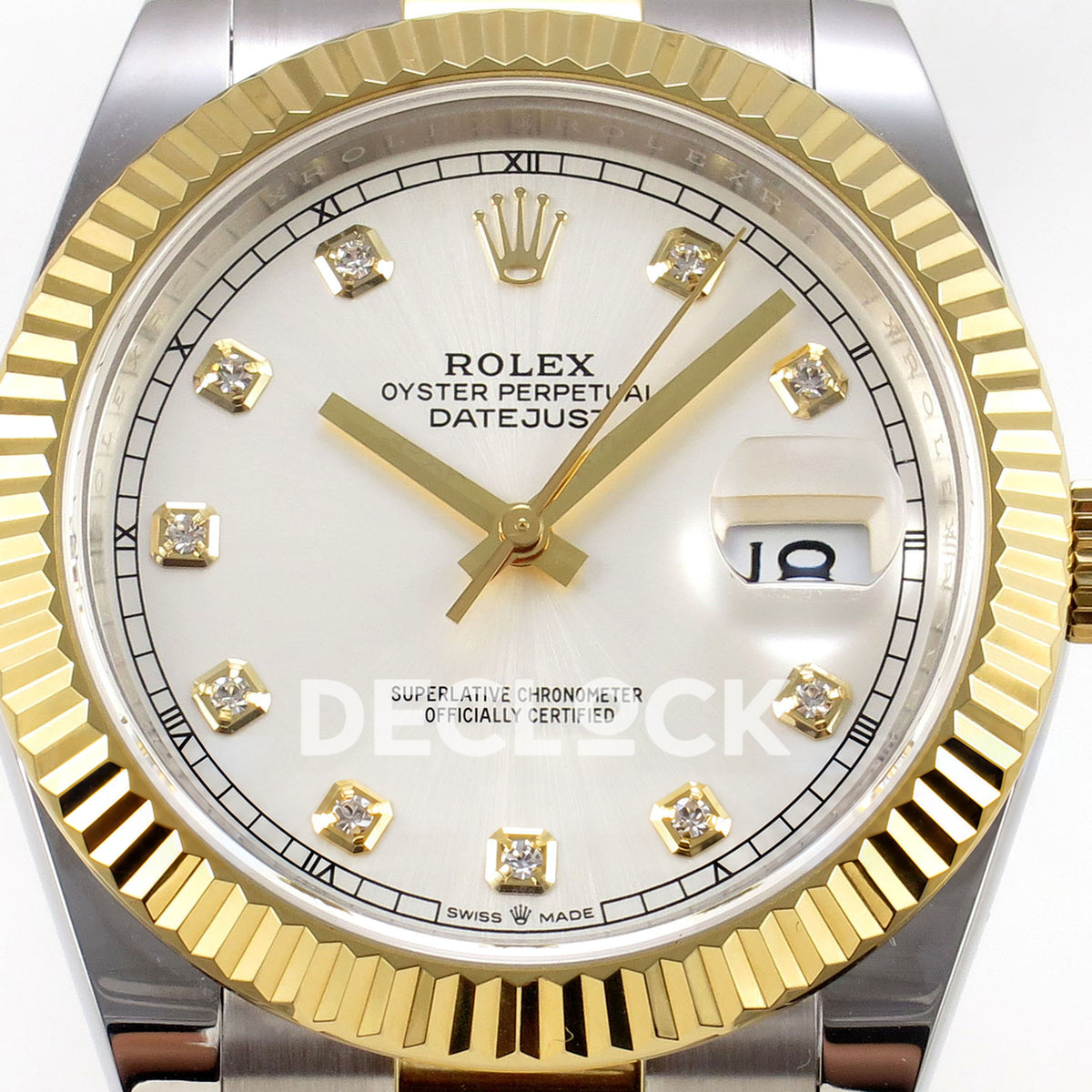 Rolex Datejust 41 126333 Silver Diamond Oyster QF JH3235 Free Sprung replica - close frontal view of the silver gem dial and yellow-gold fluted bezel