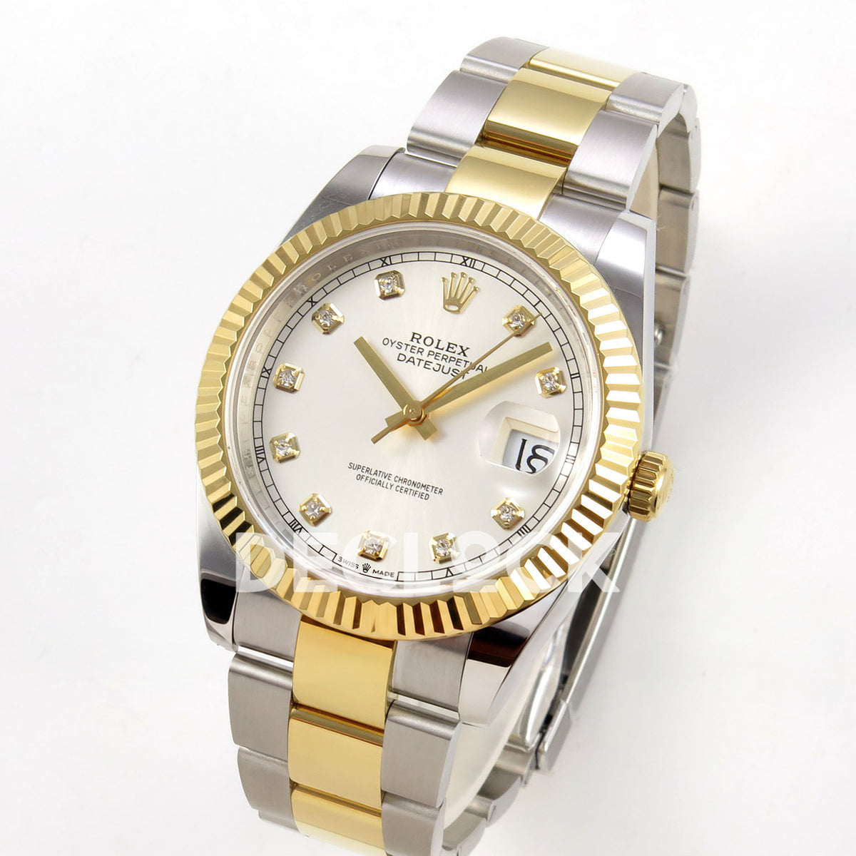 Rolex Datejust 41 126333 Silver Diamond Oyster QF JH3235 Free Sprung replica - three-quarter view of the dial, fluted bezel and open two-tone oyster bracelet