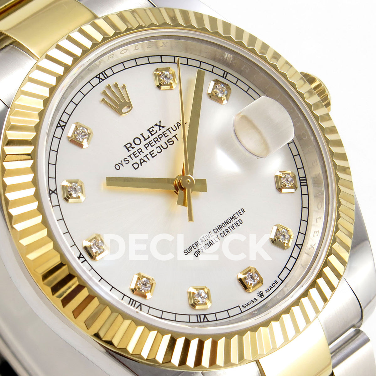 Rolex Datejust 41 126333 Silver Diamond Oyster QF JH3235 Free Sprung replica - angled macro view of the silver gem dial, gold hands and fluted bezel