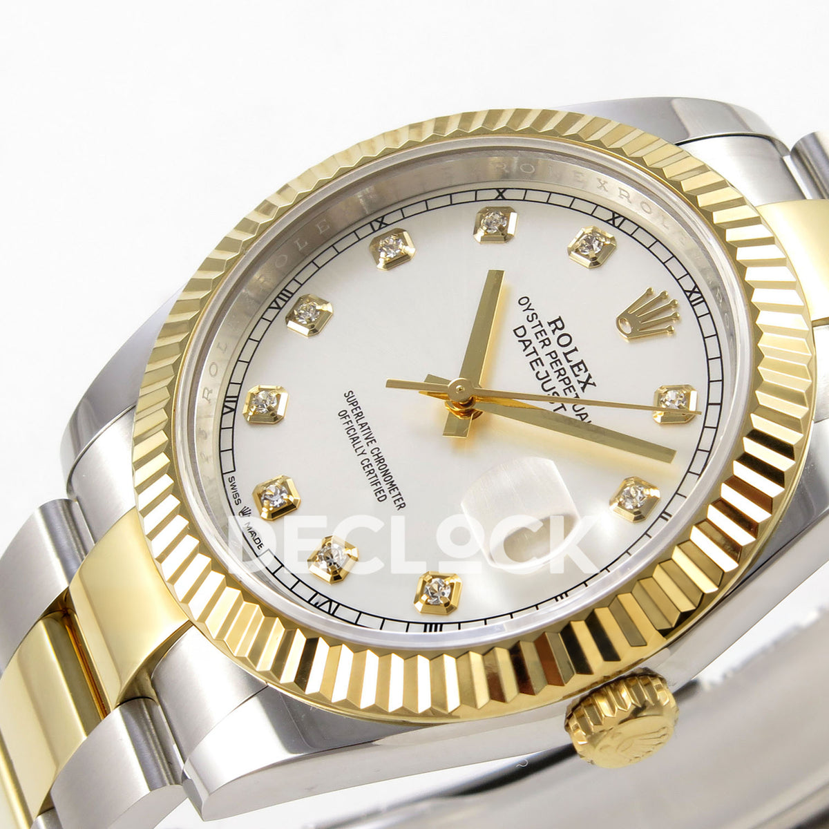 Rolex Datejust 41 126333 Silver Diamond Oyster QF JH3235 Free Sprung replica - angled macro view of the dial, cyclops lens and winding crown