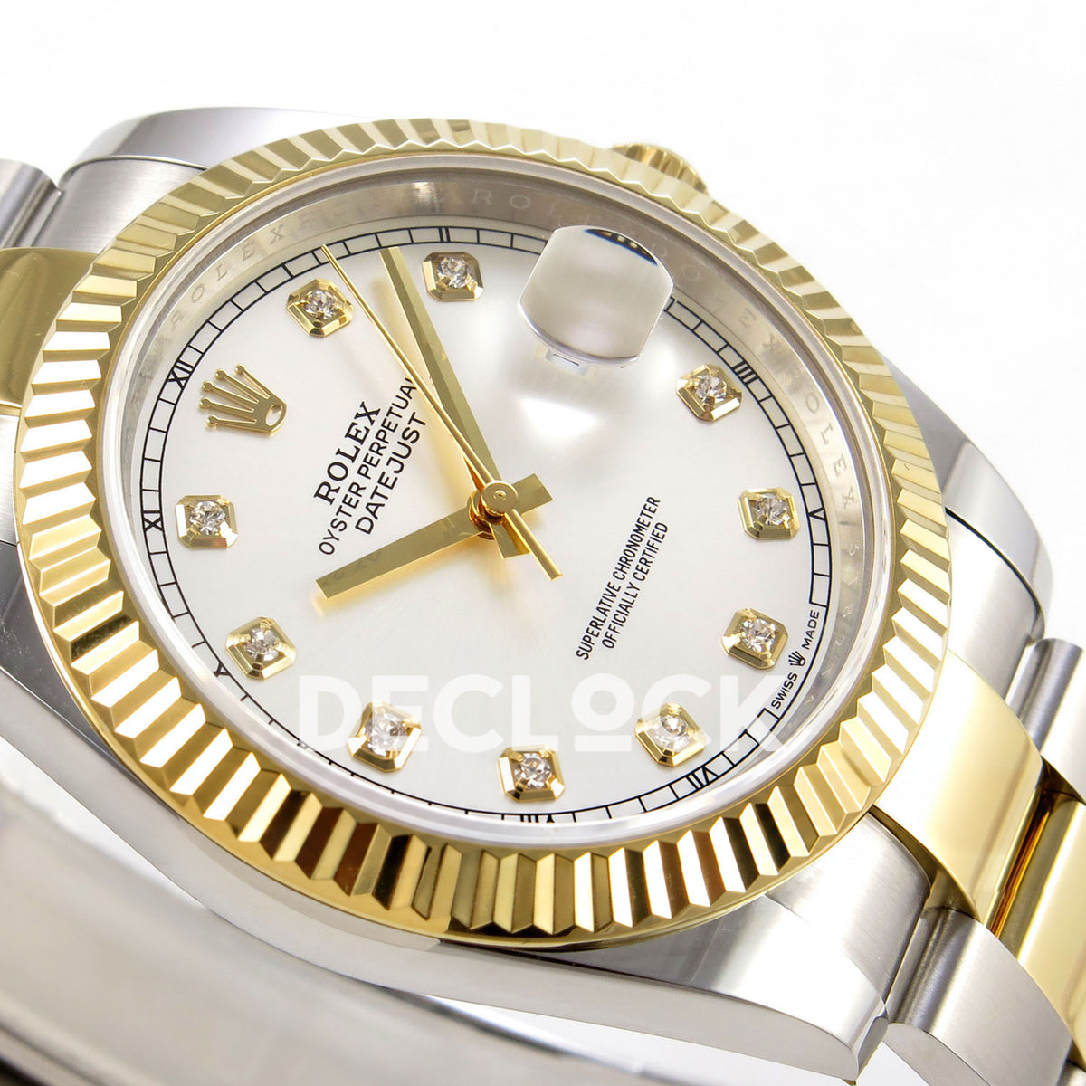 Rolex Datejust 41 126333 Silver Diamond Oyster QF JH3235 Free Sprung replica - angled macro view of the dial and two-tone oyster bracelet