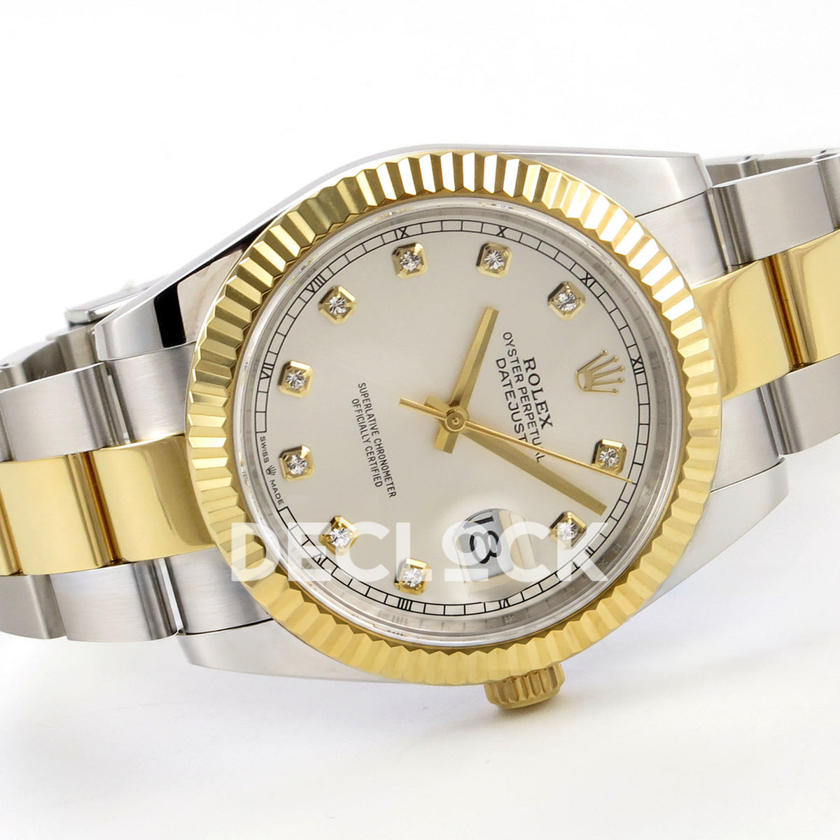 Rolex Datejust 41 126333 Silver Diamond Oyster QF JH3235 Free Sprung replica - three-quarter view of the dial, date lens and two-tone oyster bracelet