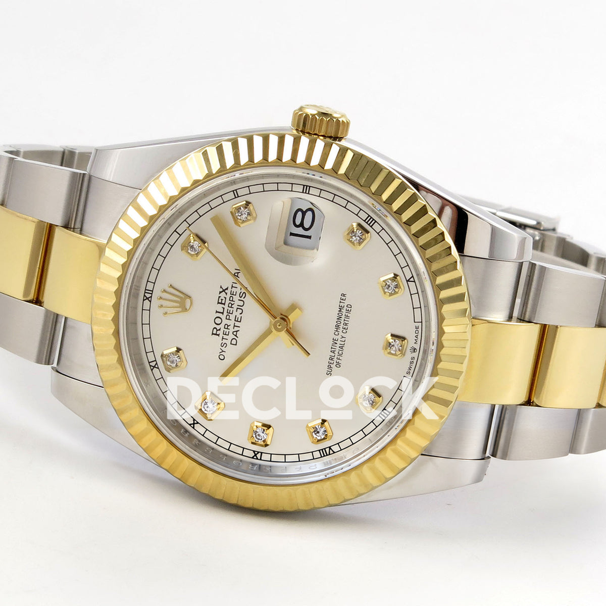 Rolex Datejust 41 126333 Silver Diamond Oyster QF JH3235 Free Sprung replica - opposite three-quarter view of the dial, date lens and two-tone oyster bracelet