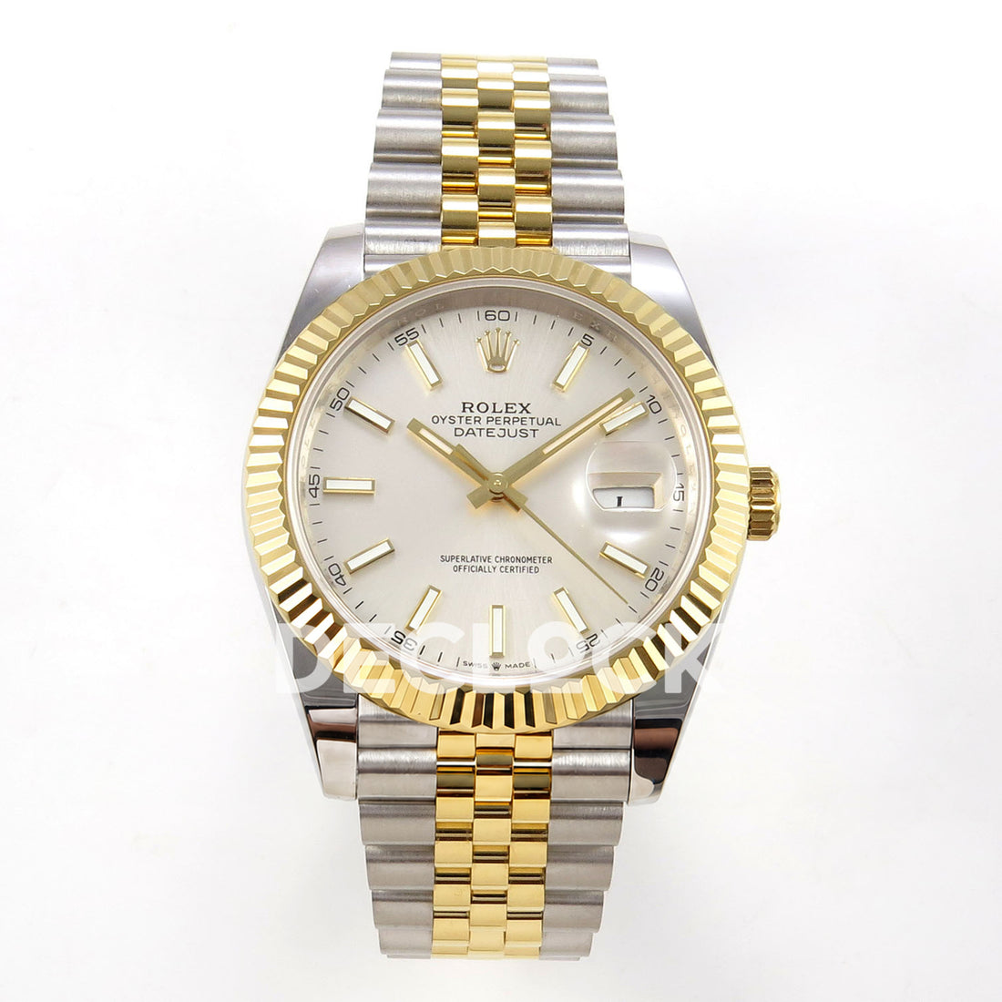Rolex Datejust 41 126333 Silver Jubilee QF JH3235 Free Sprung replica - frontal view of the silver sunburst luminous-stick dial and two-tone jubilee bracelet 126333