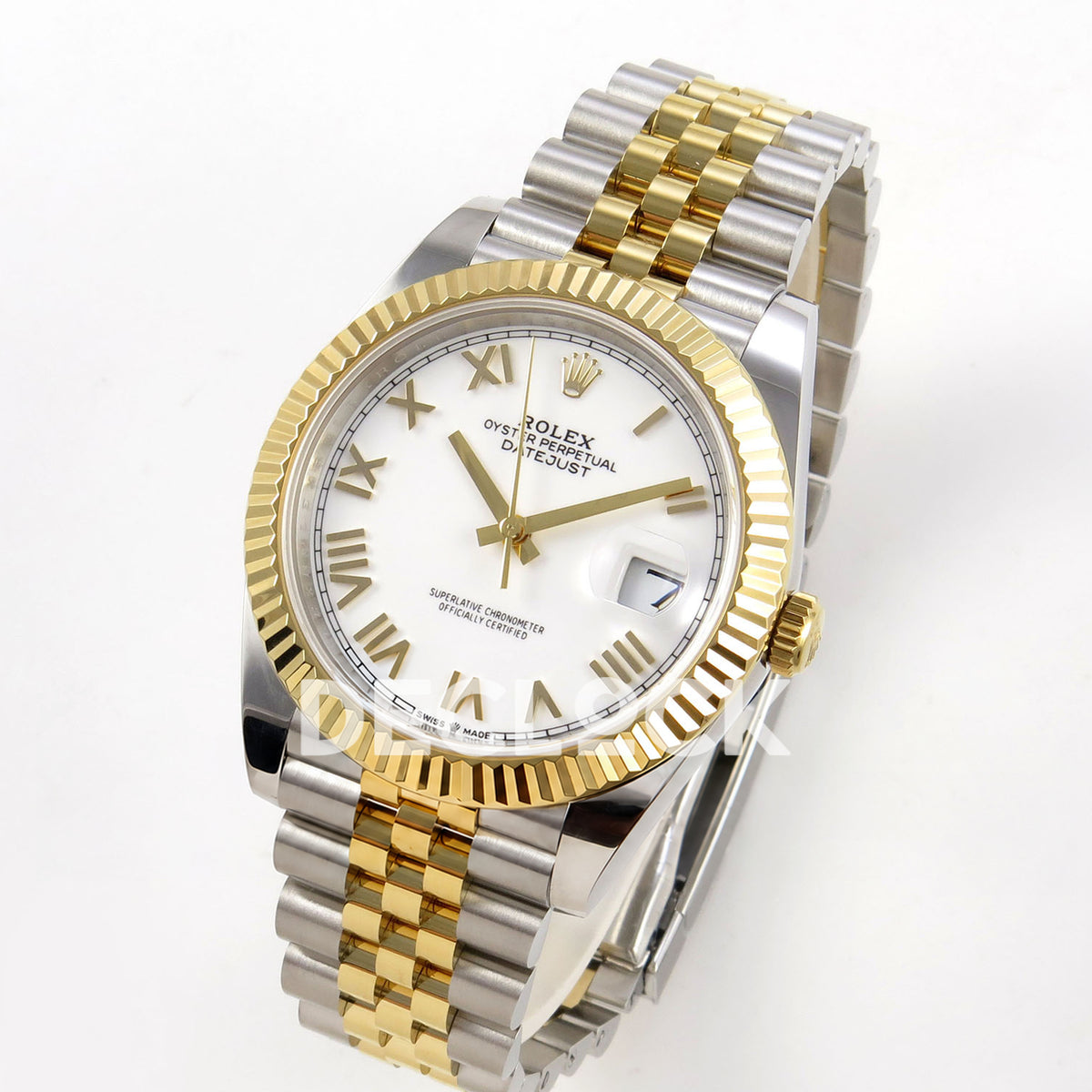 Rolex Datejust 41 126333 White Roman Jubilee QF JH3235 Free Sprung replica - three-quarter view of the white gold-roman dial and open two-tone jubilee bracelet