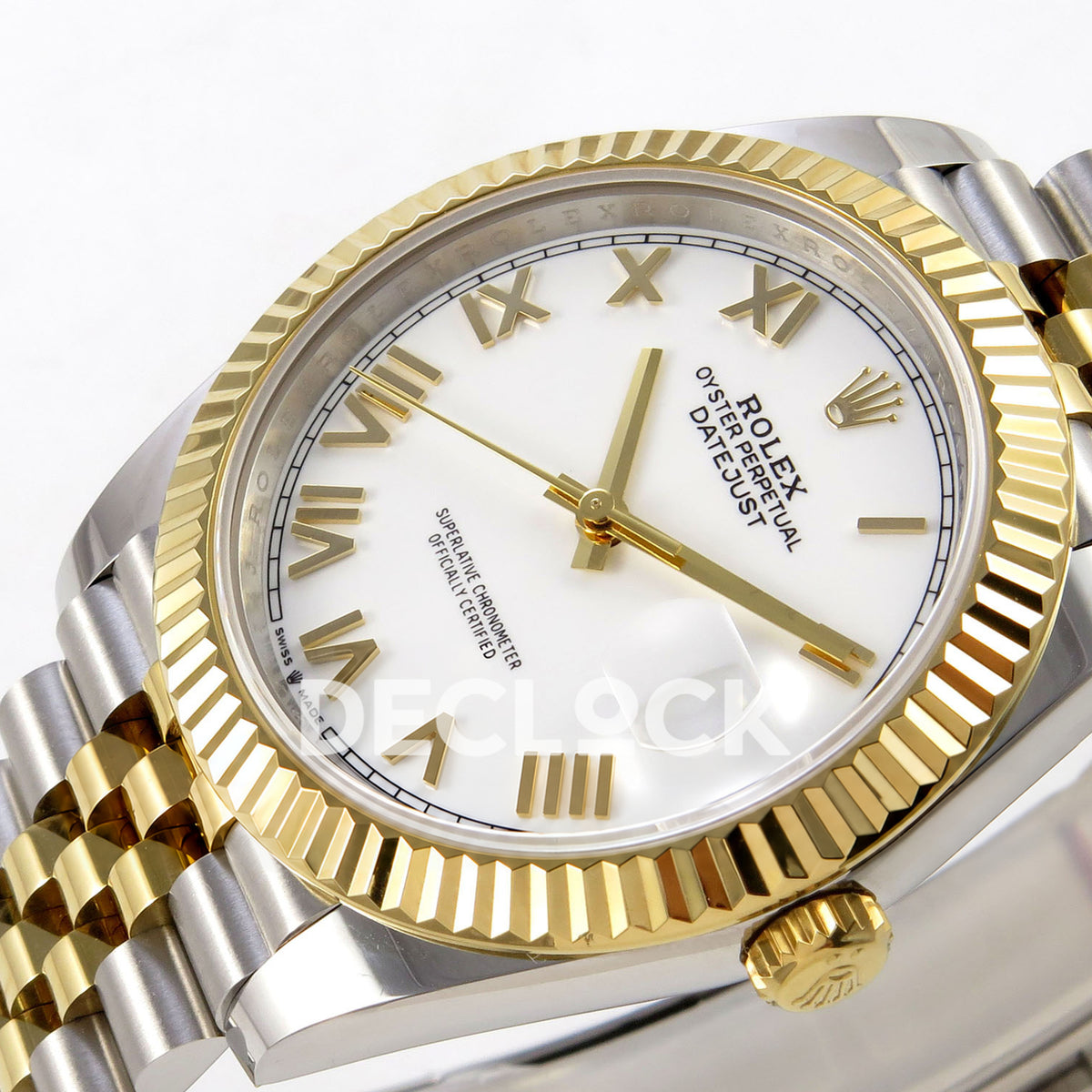 Rolex Datejust 41 126333 White Roman Jubilee QF JH3235 Free Sprung replica - clockwise-angle close-up of the white Roman dial, Jubilee bracelet and gold winding crown