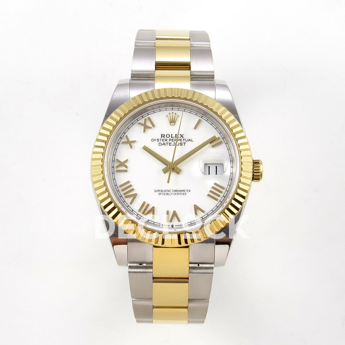 Rolex Datejust 41 126333 White Roman Oyster QF JH3235 Free Sprung replica - frontal view of the white roman dial and two-tone oyster bracelet