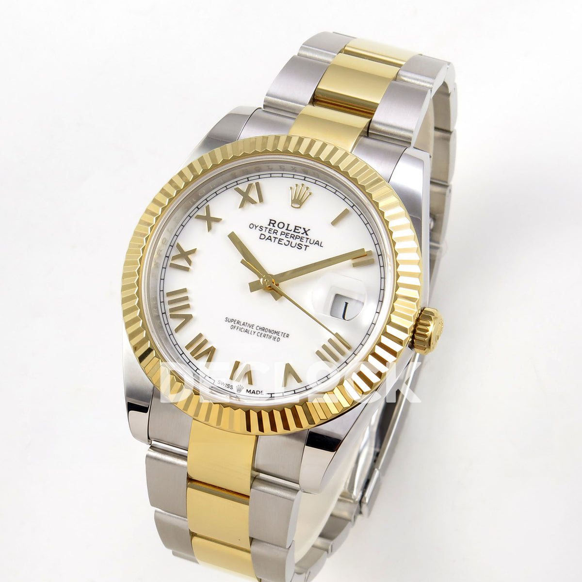 Rolex Datejust 41 126333 White Roman Oyster QF JH3235 Free Sprung replica - three-quarter view of the white roman dial and open two-tone oyster bracelet
