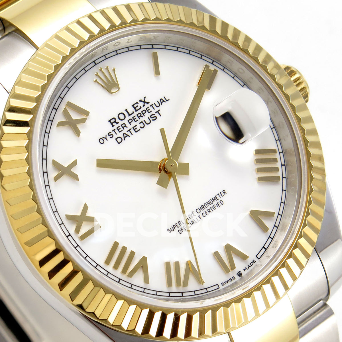Rolex Datejust 41 126333 white Roman dial two-tone Oyster QF JH3235 replica - white Roman dial closeup from left angle