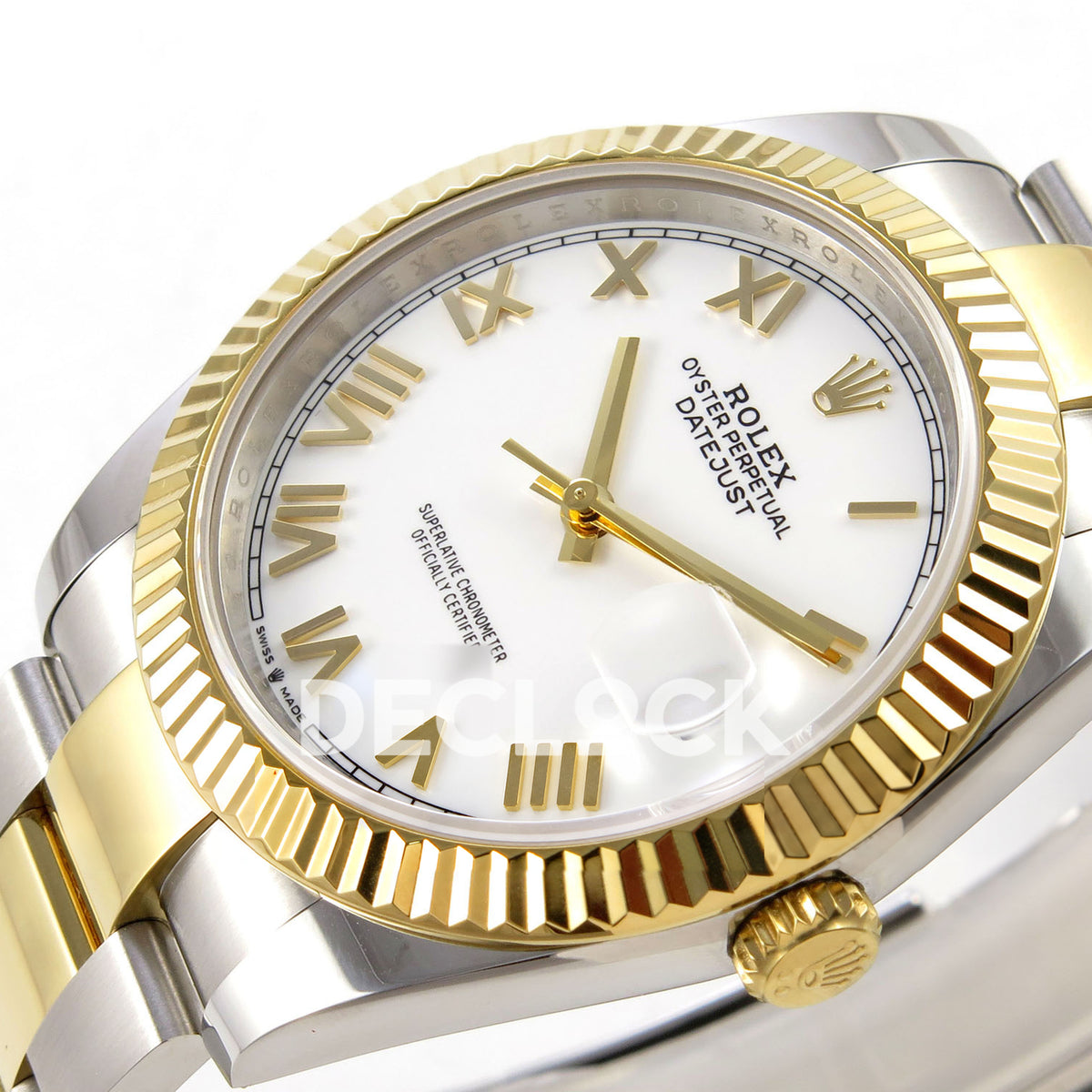 Rolex Datejust 41 126333 white Roman dial two-tone Oyster QF JH3235 replica - white Roman dial and crown from right angle