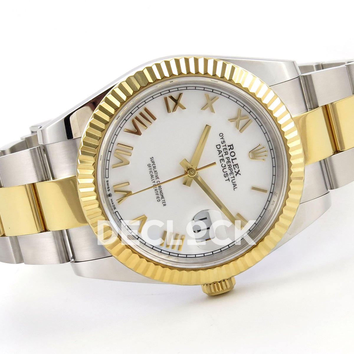 Rolex Datejust 41 126333 QF white Roman dial and two-tone Oyster bracelet, crown-side angled view
