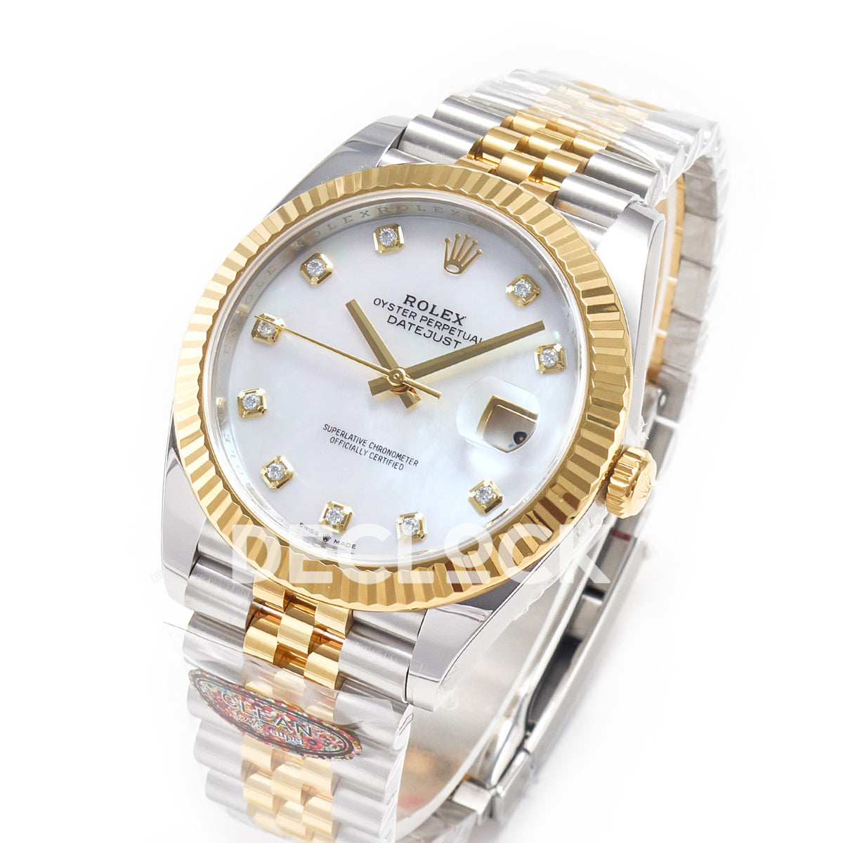 Rolex Datejust 41 MOP Diamond Yellow Gold Clean Jubilee — Ολόκληρο ρολόι σε γωνία
