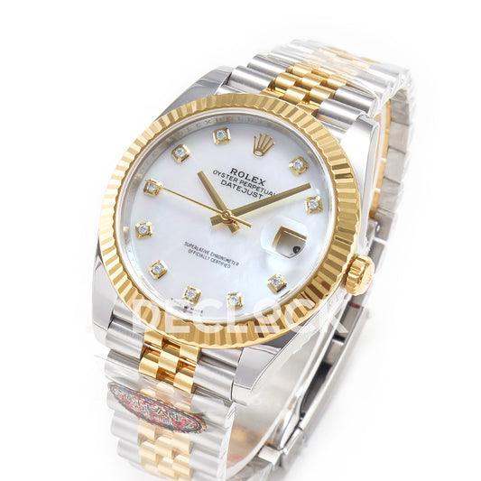 Rolex Datejust 41 MOP Diamond Yellow Gold Clean Jubilee — Ολόκληρο ρολόι σε γωνία