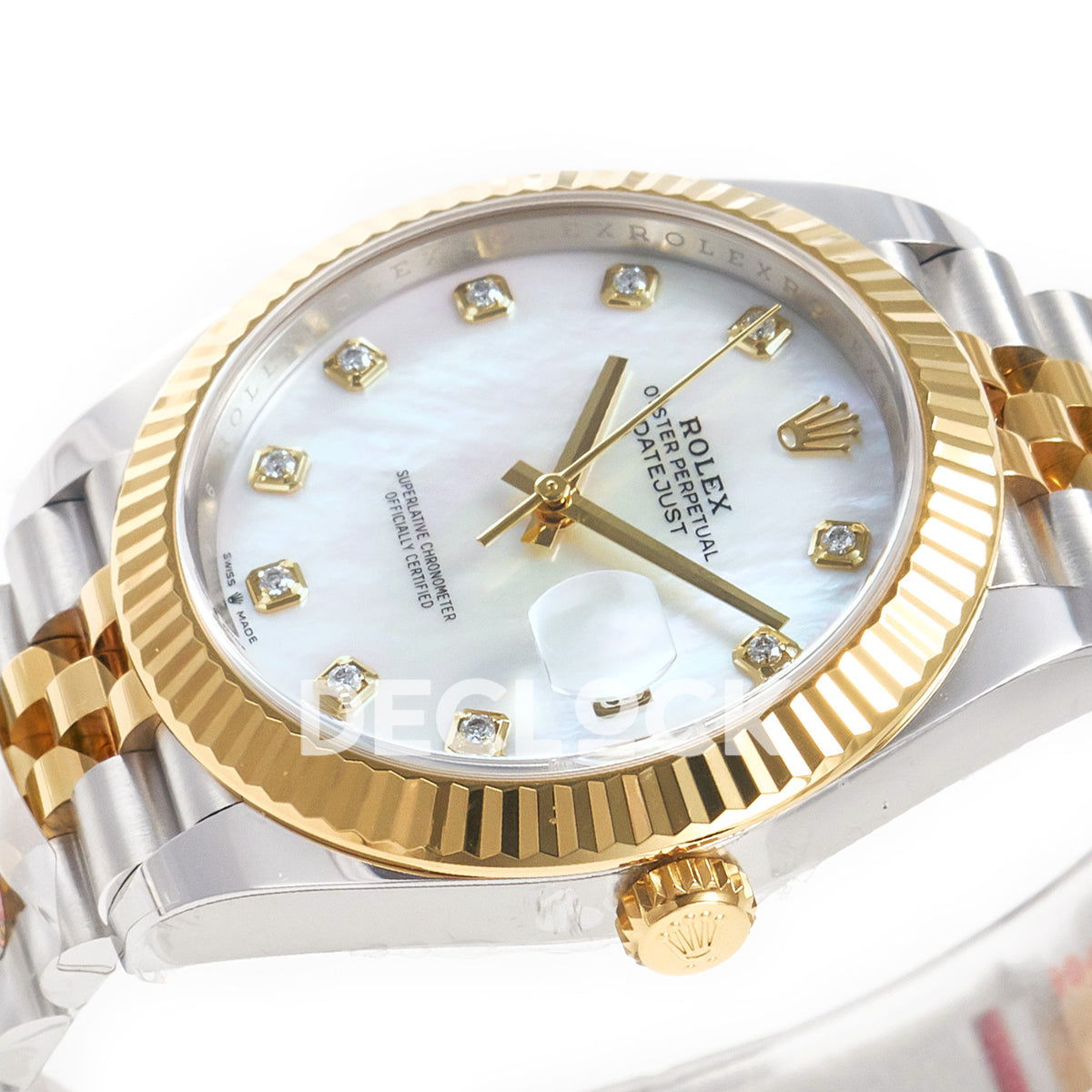 Rolex Datejust 41 MOP Diamond Yellow Gold Clean Jubilee — Καντράν και κορώνα