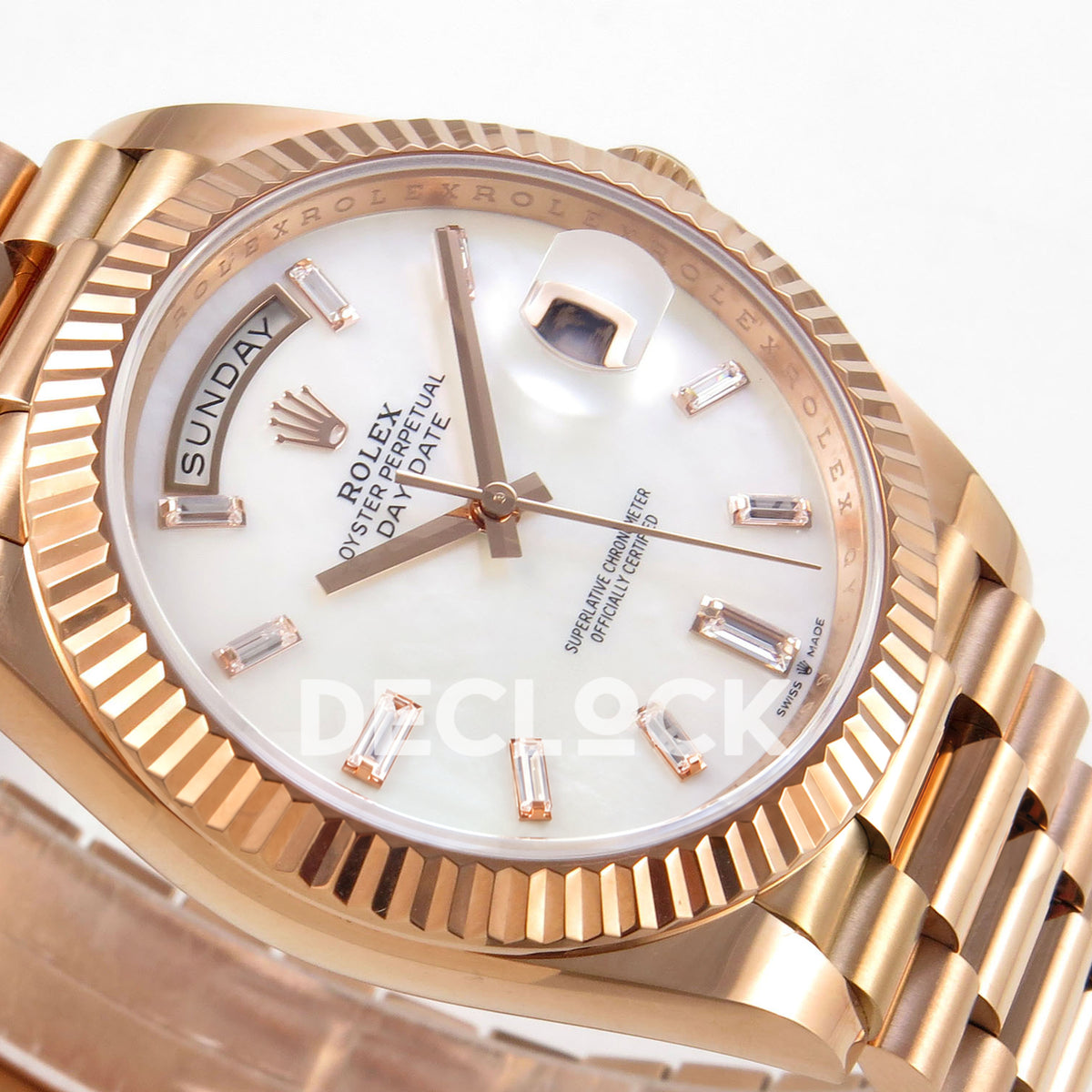 Rolex Day-Date 40 228235 QF White MOP Gem Dial President JH3255 V9 replica - dial side angle