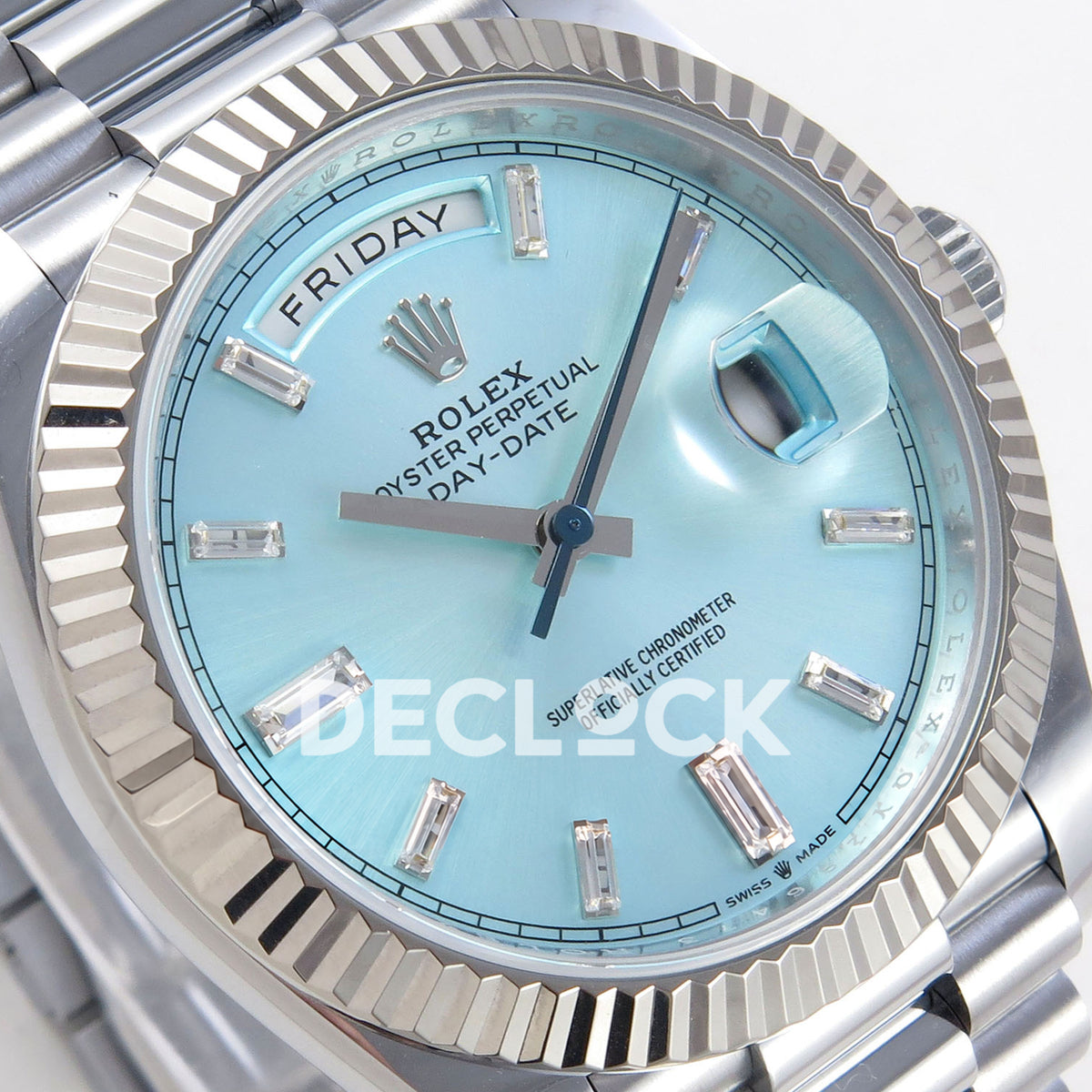 Rolex Day-Date 40 228236 QF Ice Blue Gem Dial Steel President JH3255 V9 replica - dial angle left