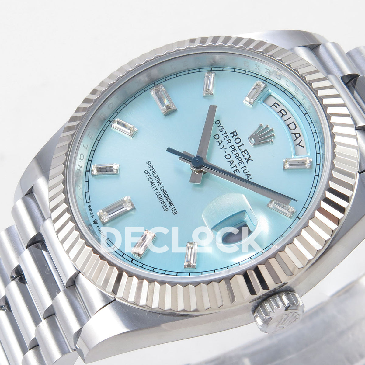 Rolex Day-Date 40 228236 QF Ice Blue Gem Dial Steel President JH3255 V9 replica - dial angle right