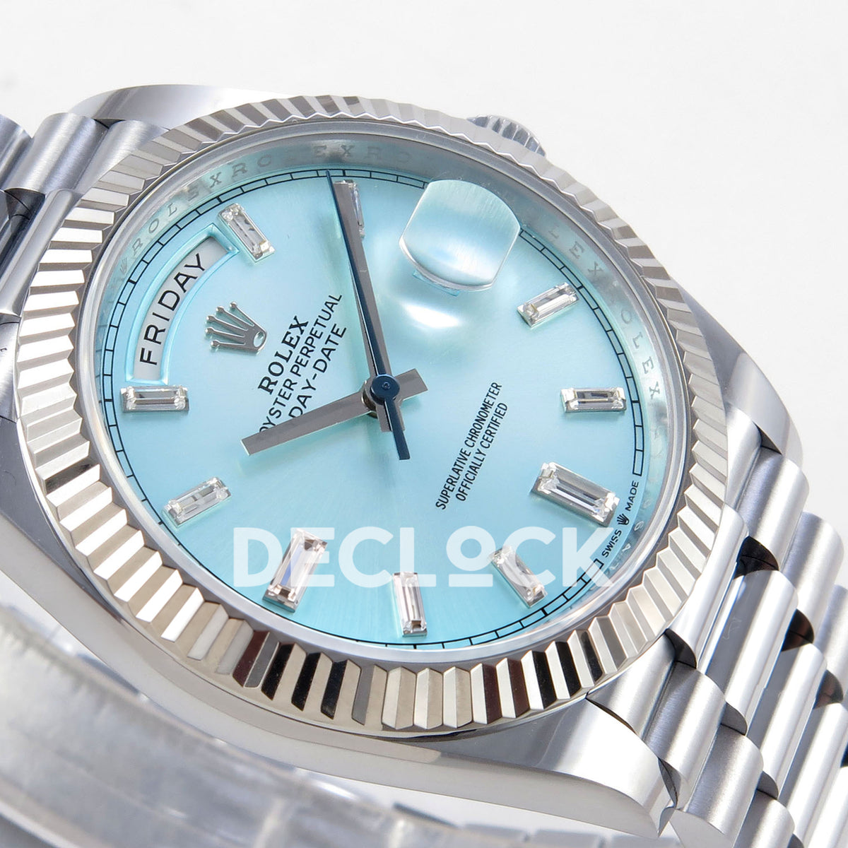 Rolex Day-Date 40 228236 QF Ice Blue Gem Dial Steel President JH3255 V9 replica - dial side angle