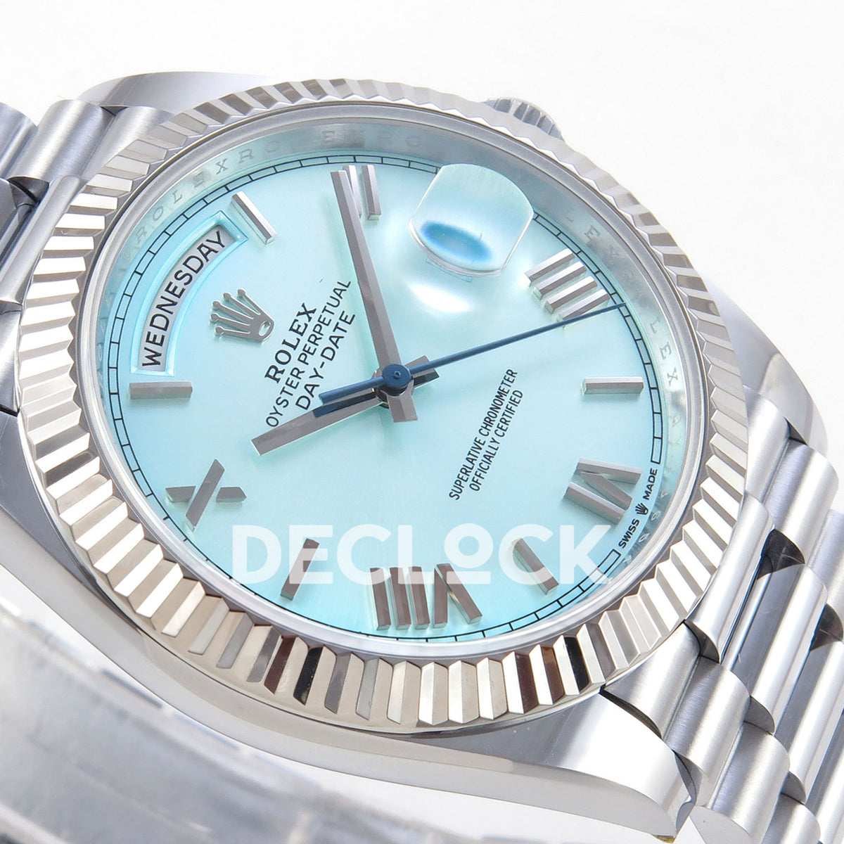 Rolex Day-Date 40 228236 QF Ice Blue Roman Steel President JH3255 V9 replica - dial side angle