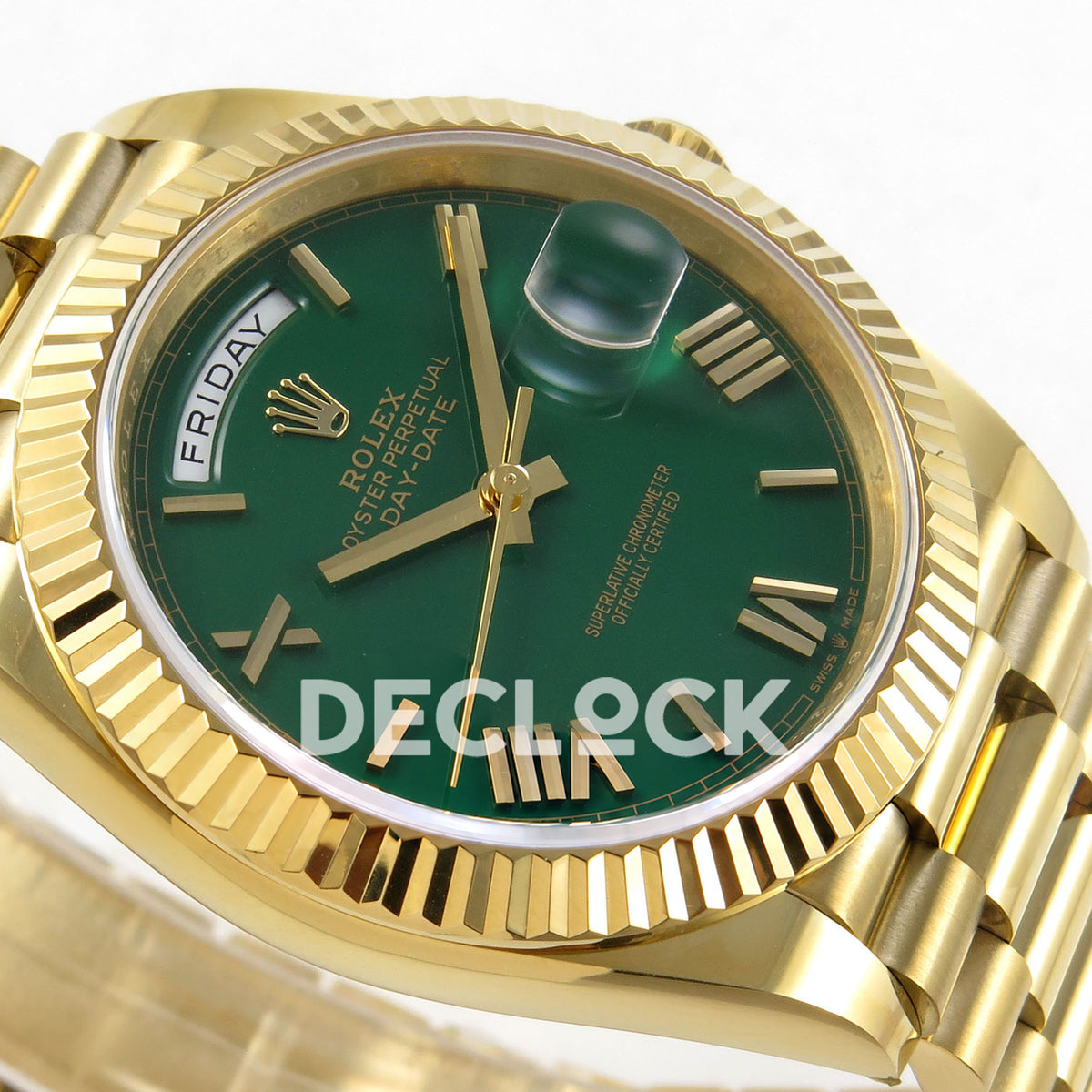 Rolex Day-Date 40 228238 QF Green Roman Dial President JH3255 V9 replica - dial side angle