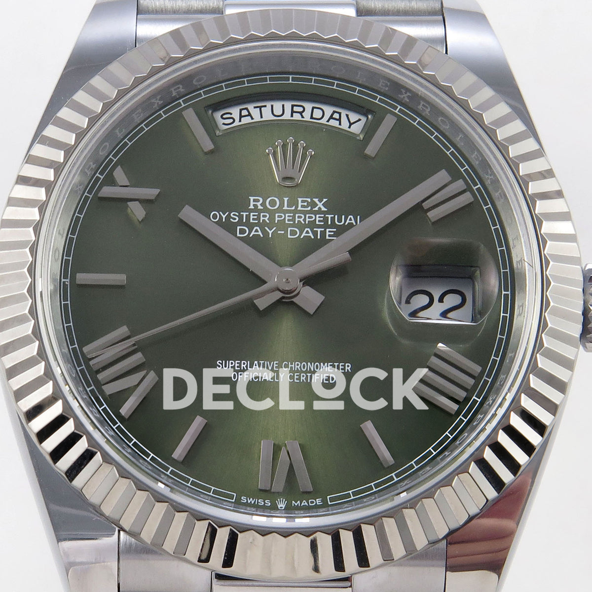 Rolex Day-Date 40 228239 QF Olive Green Roman Steel President JH3255 V9 replica - dial closeup