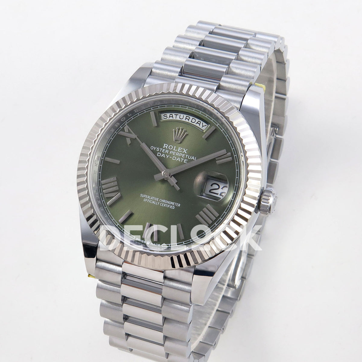 Rolex Day-Date 40 228239 QF Olive Green Roman Steel President JH3255 V9 replica - three quarter