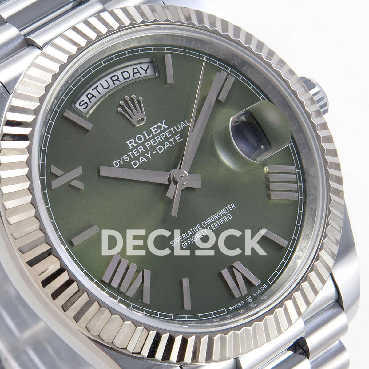 Rolex Day-Date 40 228239 QF Olive Green Roman Steel President JH3255 V9 replica - dial angle left