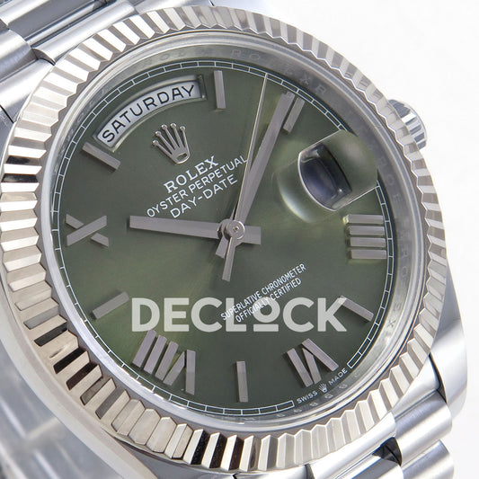 Rolex Day-Date 40 228239 QF Olive Green Roman Steel President JH3255 V9 replica - dial angle left