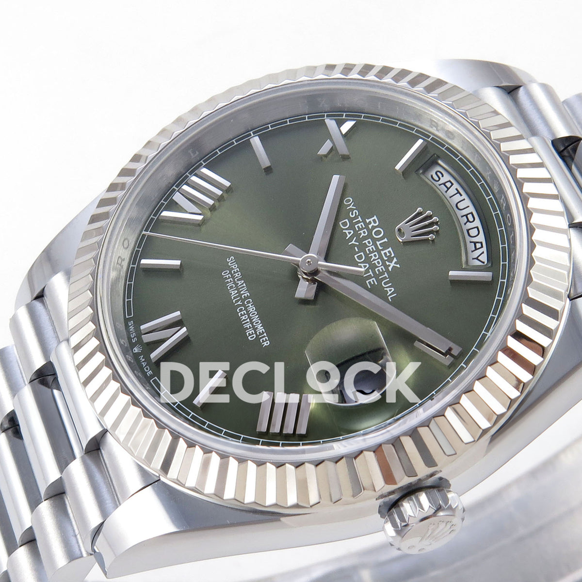 Rolex Day-Date 40 228239 QF Olive Green Roman Steel President JH3255 V9 replica - dial angle right