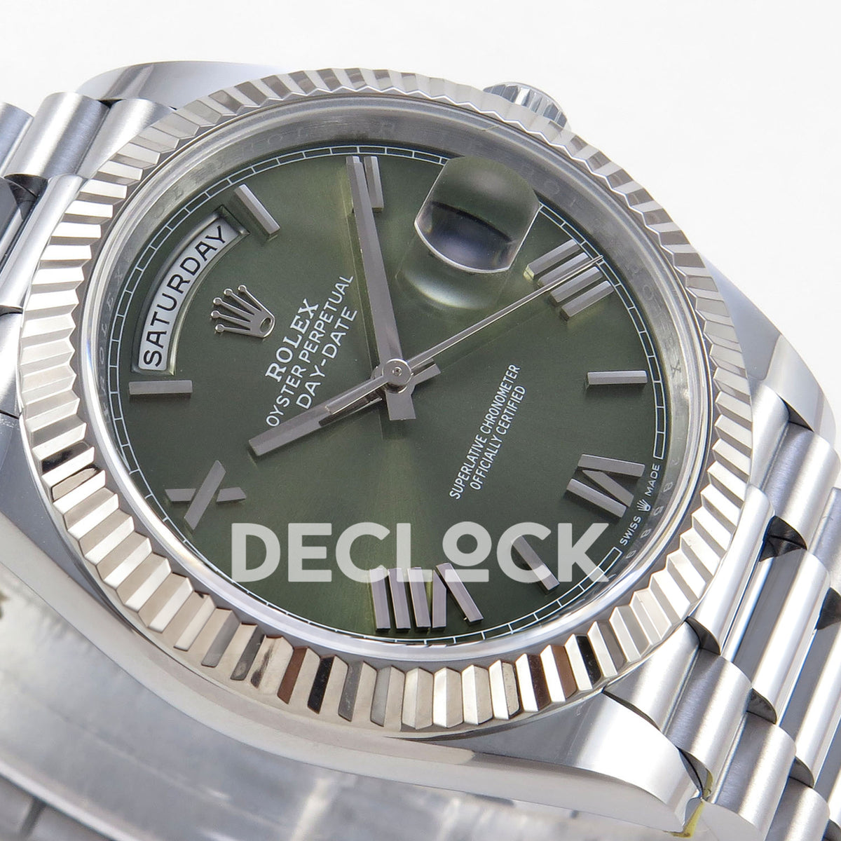 Rolex Day-Date 40 228239 QF Olive Green Roman Steel President JH3255 V9 replica - dial side angle