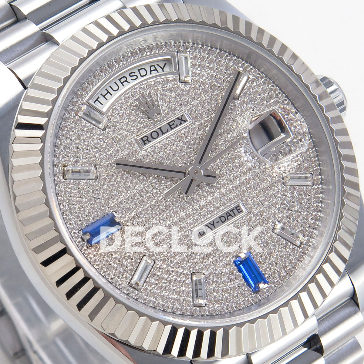Rolex Day-Date 40 228239 QF Pave Blue Markers Steel President JH3255 V9 replica - dial angle left