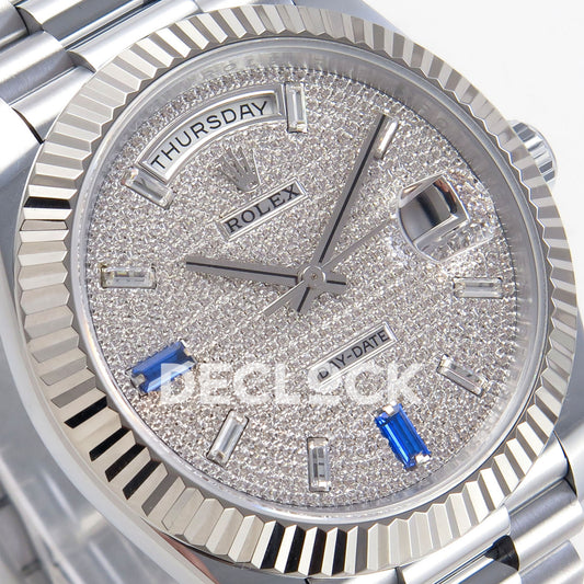 Rolex Day-Date 40 228239 QF Pave Blue Markers Steel President JH3255 V9 replica - dial angle left