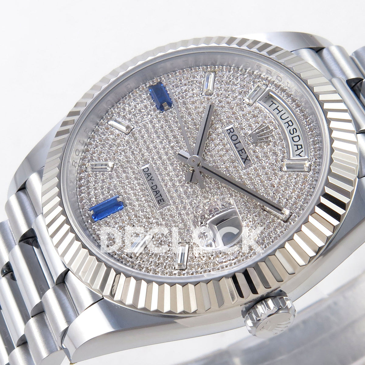 Rolex Day-Date 40 228239 QF Pave Blue Markers Steel President JH3255 V9 replica - dial angle right