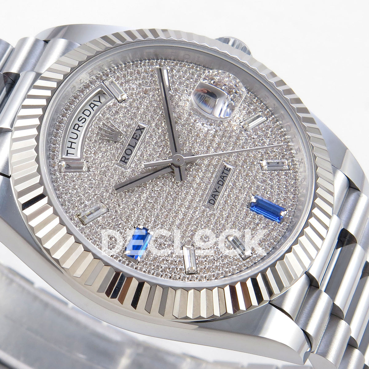 Rolex Day-Date 40 228239 QF Pave Blue Markers Steel President JH3255 V9 replica - dial side angle